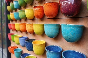 Colorful Pottery Display on Street Wall - Handmade Ceramic Artwork