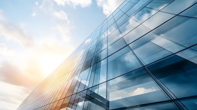 Fototapeta Skyscraper reflecting sunset background. 3d abstract architecture design of modern contemporary luxury building converging glass and steel. Perspective view landscape. Hi-tech sustainable architect