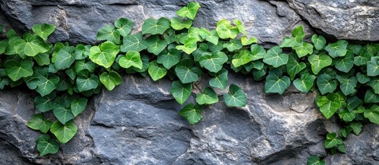 Green ivy vine climbing a stone wall.
