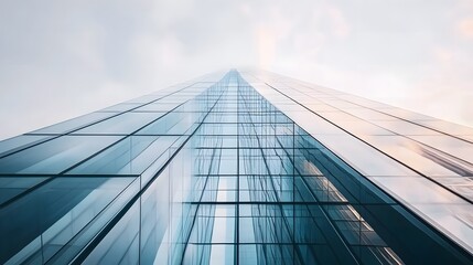 Fototapeta premium Skyscraper reflecting sunset background. 3d abstract architecture design of modern contemporary luxury building converging glass and steel. Perspective view landscape. Hi-tech sustainable architect