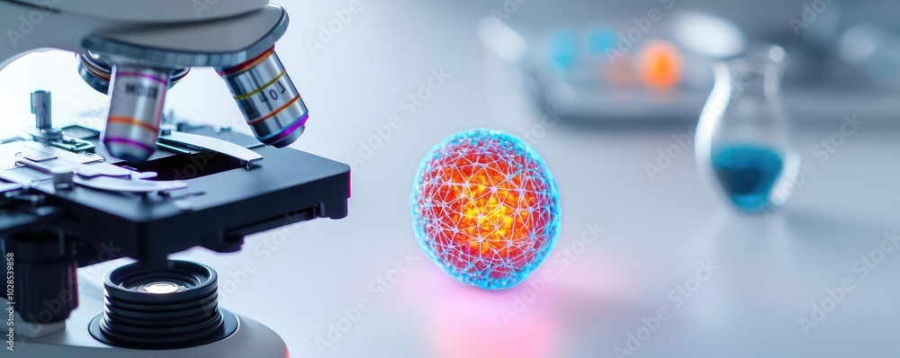 Poster microscope with a colorful molecular structure and laboratory glassware in background.