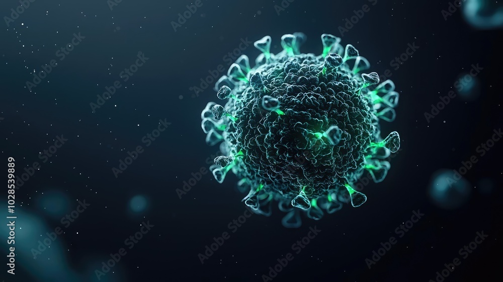 Poster close-up view of a virus rendered in 3d on a dark background, abstract concept.