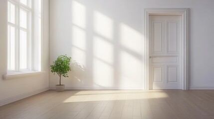 A minimalist interior with a potted plant, white walls, and wooden flooring, bathed in sunlight from large windows.