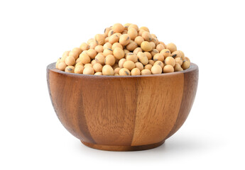 Soybeans in wooden bowl isolated on white background. Clipping path.