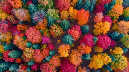 Aerial view of an autumn forest showcasing vibrant fall colors and colorful trees in a stunning top-down shot.