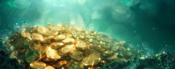 An underwater scene featuring a treasure with shiny gold coins, creating a sense of mystery and adventure in the depths of the ocean