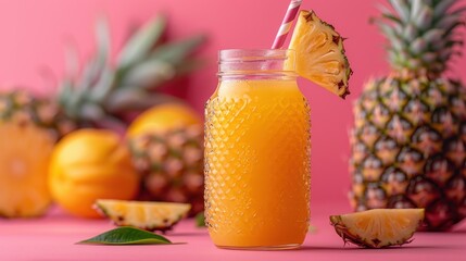 A refreshing pineapple drink in a jar with a straw, surrounded by fresh pineapples.