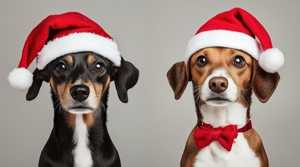 Funny portrait of two cute jack russells in Santa Claus hat. Most popular dog breed dressed in holiday attire. Veterinary clinic banner, poster, greeting card, wallpaper, background
