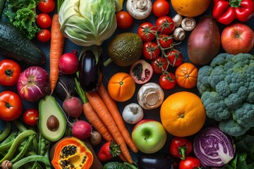 Vibrant flat lay of fresh fruits and vegetables including apples, tomatoes, cabbages, carrots, sweet potatoes, papayas, oranges, and more in a high-resolution display.