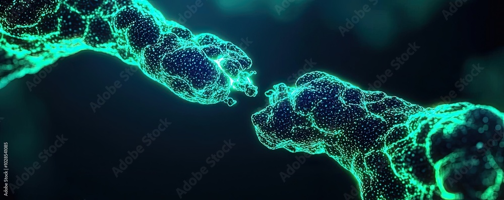 Poster abstract digital representation of two beings connecting in a cosmic web.