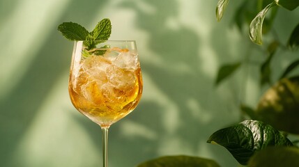 A chilled glass of Hugo Spritz with bubbles and ice, garnished with mint leaves, isolated on a soft green background with botanical decorative elements
