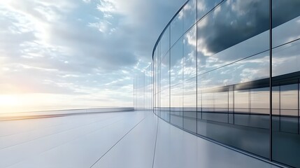 Skyscraper reflecting sunset background. 3d abstract architecture design of modern contemporary luxury building converging glass and steel. Perspective view landscape. Hi-tech sustainable architect