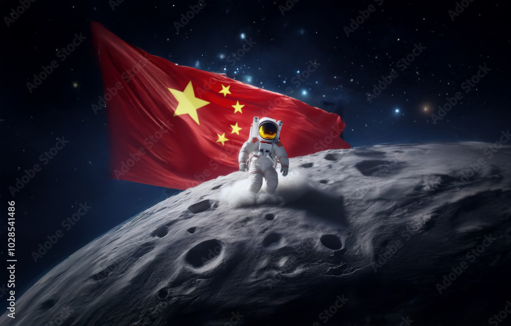 Poster An astronaut in a white spacesuit walks on a gray, cratered surface with a red flag waving in the background against a backdrop of a starry night sky.