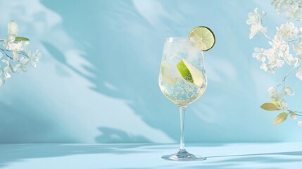 A glass of Hugo Spritz with sparkling bubbles and a lime wedge garnish, isolated against a pastel blue background with subtle floral motifs