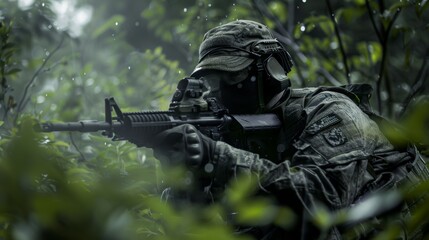 Fototapeta premium Player Taking Cover During Airsoft Skirmish in Nature