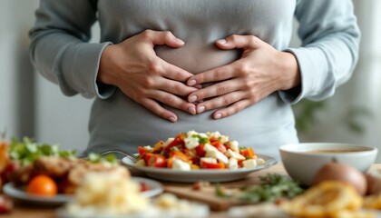 A person holds their stomach, expressing discomfort, amidst an array of unfinished meals on a table illuminated by soft lighting.