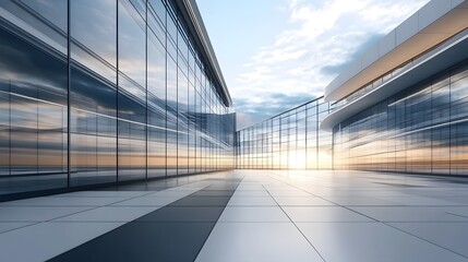 Skyscraper reflecting sunset background. 3d abstract architecture design of modern contemporary luxury building converging glass and steel. Perspective view landscape. Hi-tech sustainable architect