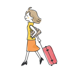 キャリーバッグを持って歩く女性