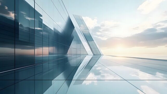 Skyscraper reflecting sunset background. 3d abstract architecture design of modern contemporary luxury building converging glass and steel. Perspective view landscape. Hi-tech sustainable architect