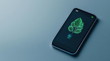 Smartphone displaying a leaf design on screen, modern tech concept with nature.