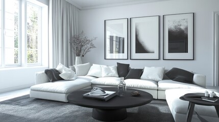 Modern Living Room Interior with White Sectional Sofa and Black Accents