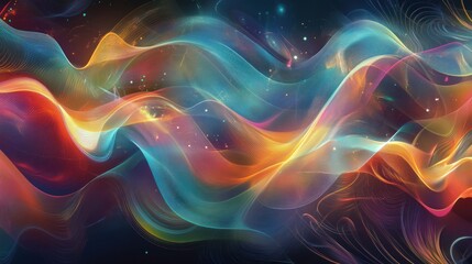 Abstract Art with Intertwining Multicolored Waves and Glowing Particles