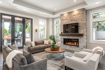 Fototapeta premium Beautiful living room with stone fireplace, white walls, and grey couches in a modern luxury home under construction.