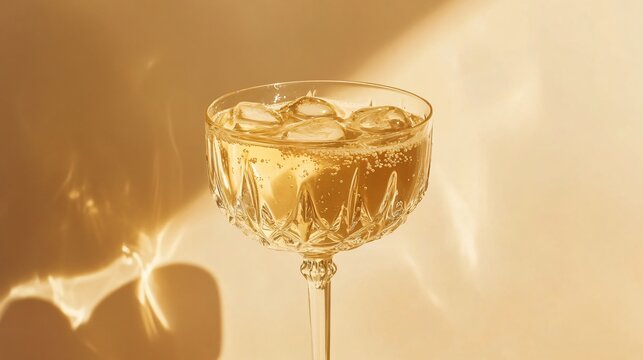 A refreshing Hugo Spritz cocktail with elderflower cordial and sparkling Prosecco, served in a crystal glass, isolated against a soft beige background with subtle gold accents