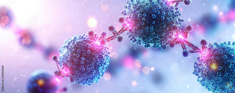 Poster abstract representation of molecular structures in vibrant colors and lights.