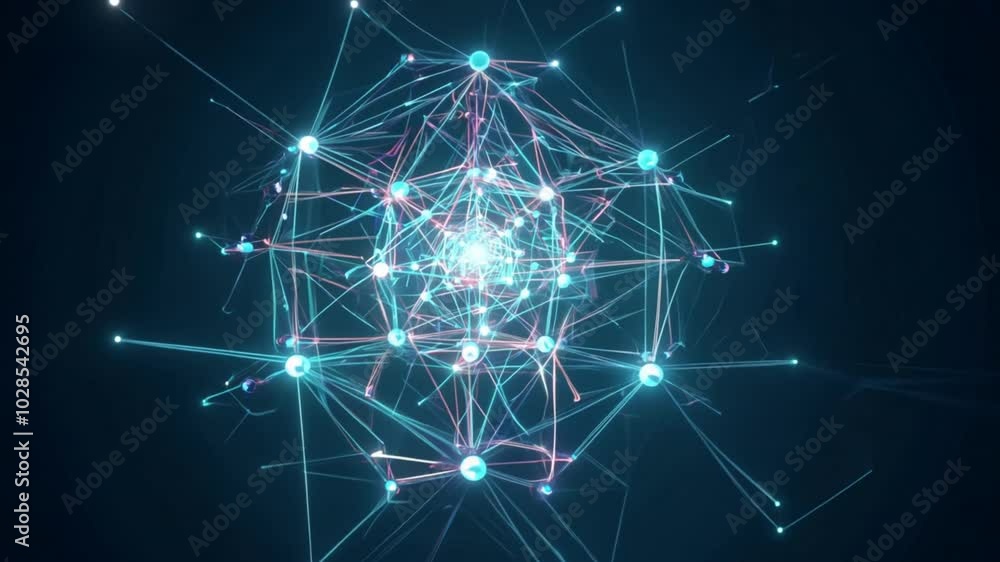 Poster neural network forming colorful glowing nodes linking together