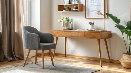 Scandinavian style home office desk with light wood finish, gray fabric armchair, wall shelf, and whiteboard for notes in neutral decor, close-up.