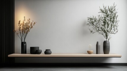 Minimalist Interior Design with Floating Shelf, Vases, and Dried Flowers