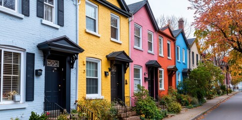 Fototapeta premium Charming colorful homes line a scenic tree-lined street, creating a picturesque and inviting atmosphere.
