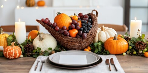 An elegant cornucopia display showcasing vibrant autumn harvest on a festive table setting.