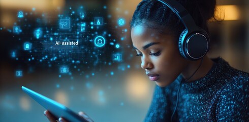 Woman with Headphones Using AI-Assisted Technology