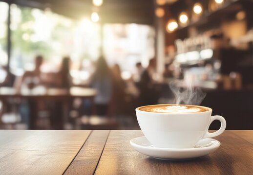 A steaming cup of latte with latte art on a wooden table in a cozy cafe setting.