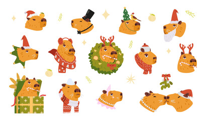 Capybara heads in Christmas outfit and decorations flat vector illustrations set isolated on white. Capybaras in scarfs, deer antlers, wreath, gift box, Santa hat, cylinder, bow tie, kissing under mis © Александра Гвардейце