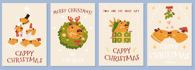 Merry Christmas and happy New Year greeting cards with funny capybara vector set.