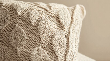 Fototapeta premium A cozy knit cushion in a chunky texture, isolated against a soft taupe background with decorative leaf motifs