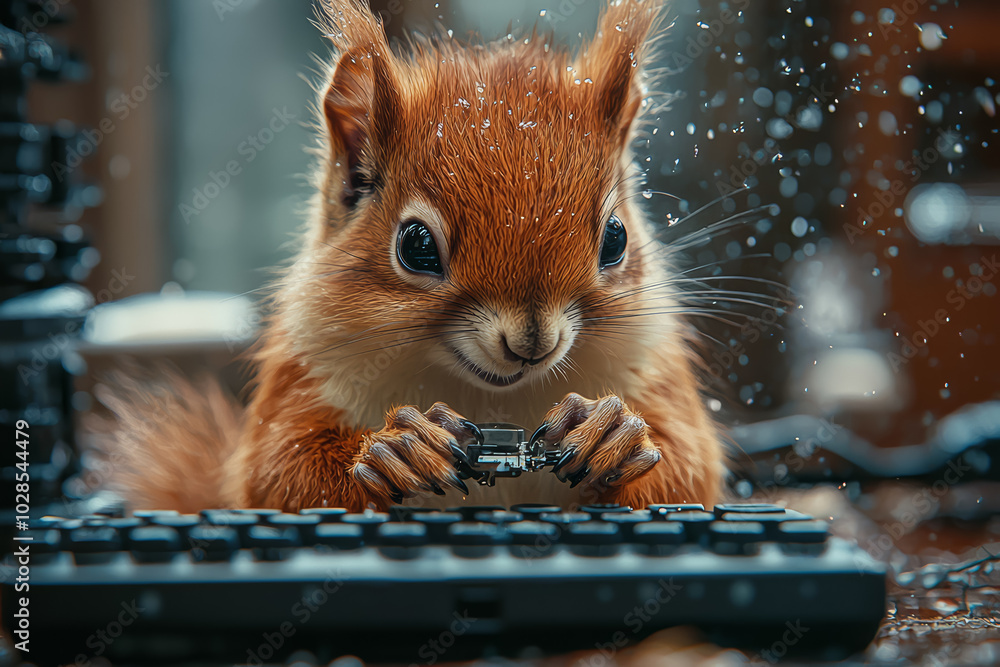 Poster a squirrel struggling to fix a broken computer reflects the anxiety of dealing with technology issue