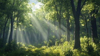 Obraz premium A serene forest scene with sunlight filtering through lush green trees.