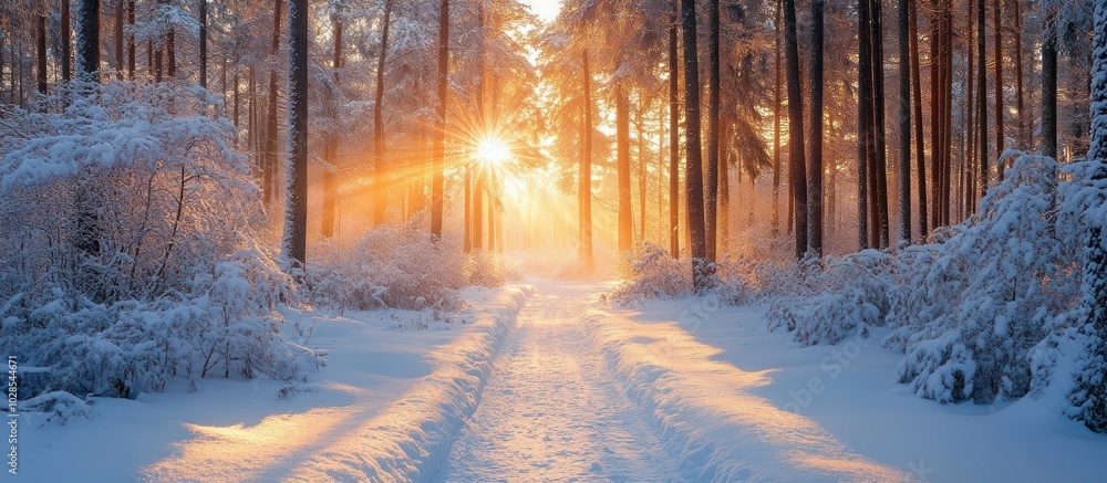 Poster sunbeams illuminate a snow-covered path through a winter forest, creating a magical and serene atmos