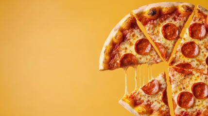Whimsical floating slices of pepperoni pizza with cheese dripping, perfect for your customizable text needs!