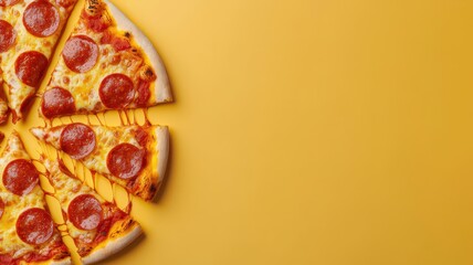 Whimsical floating slices of pepperoni pizza with cheese dripping, perfect for your customizable text needs!