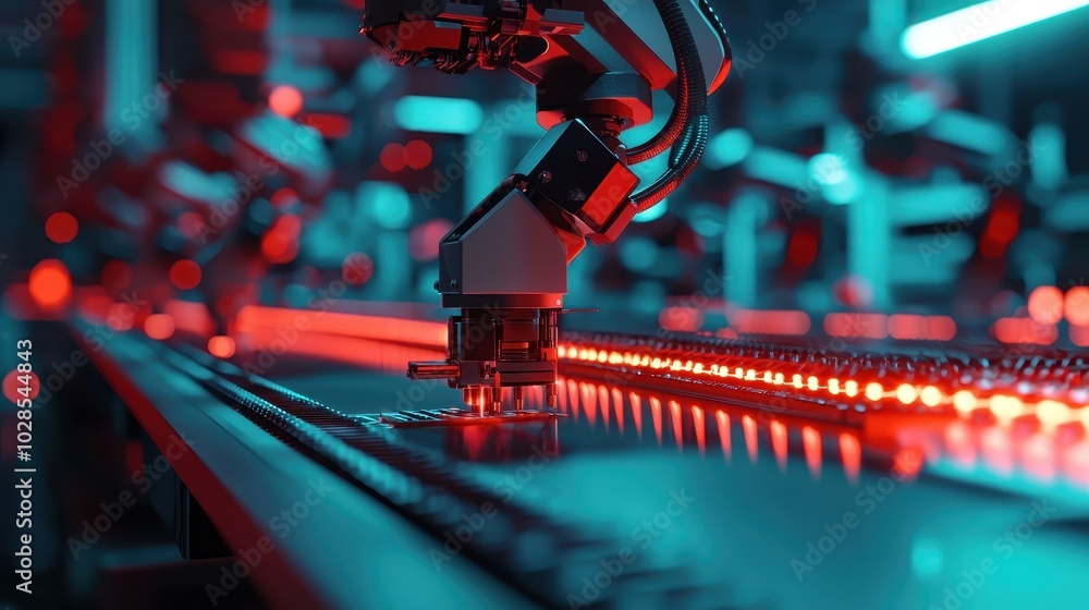 Poster automated robotic arm working in a high-tech factory. precision manufacturing with red and blue ligh