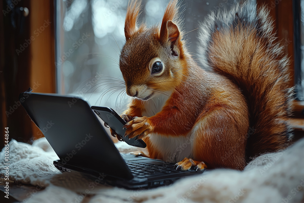 Poster a squirrel balancing a laptop and phone portrays the chaos of multitasking. concept of animals in hu