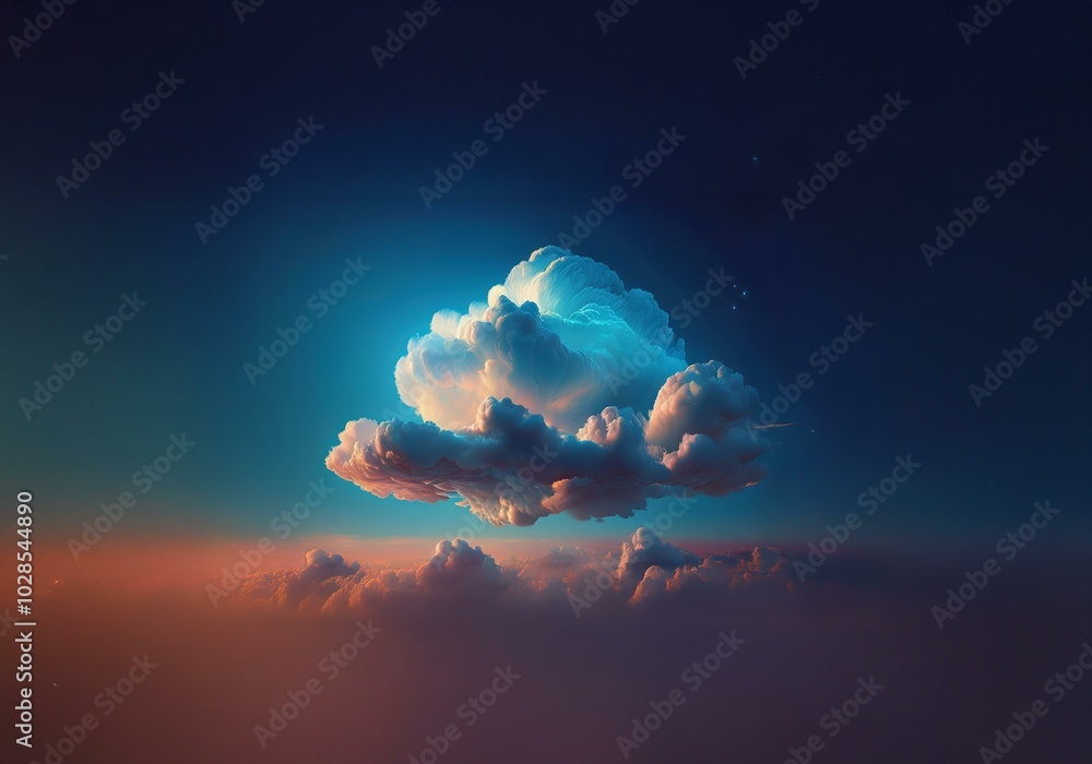 Poster a single large cloud glowing a bright blue against a dark blue sky with a hint of red in the distanc