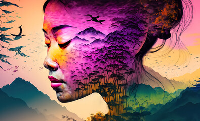 Serene portrait of Chinese woman seamlessly merging with the vibrant landscapes of China during twilight, surrounded by natures beauty