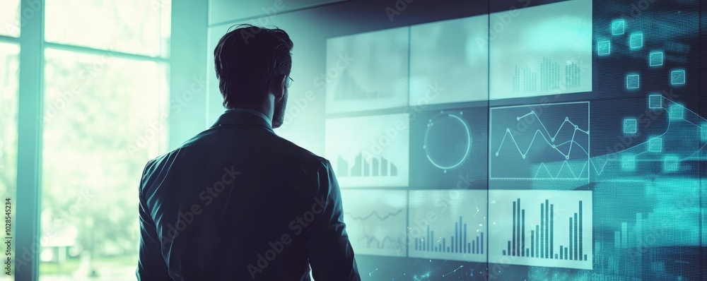 Poster business professional analyzing data on futuristic digital screen, focusing on charts and graphs in 