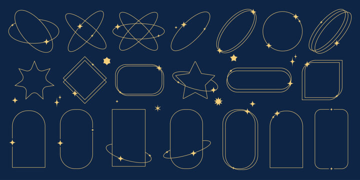 Modern aesthetic minimalist linear arch with different geometric shapes. Trendy linear frames with stars, geometric. Line elements set. Arch frame with sparkles for social media or poster design.
